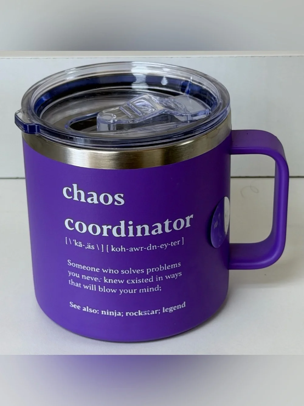 ‘Chaos Coordinator’ Purple Insulated Mug with Lid